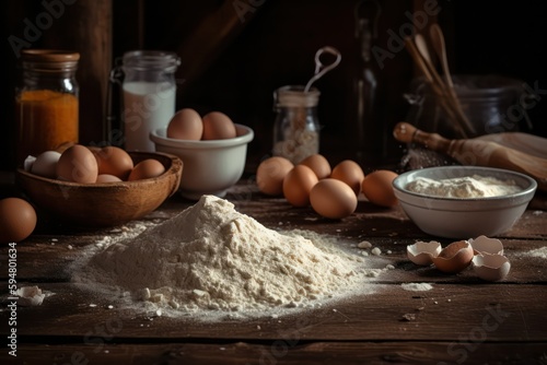 ingredients for making dough on a wooden table .eggs ,flour, salt, sugar and butter. Generative AI