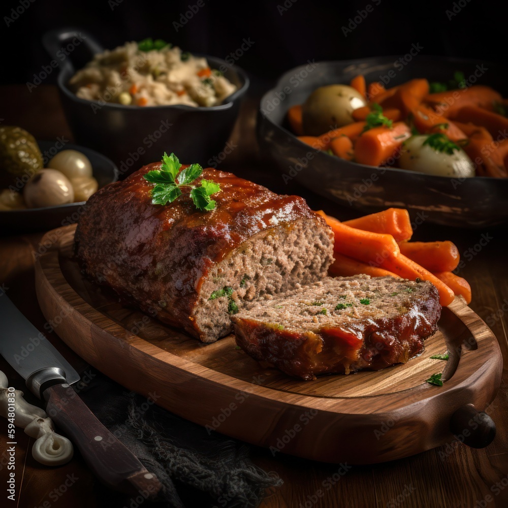 meatloaf with sauce vegetables and herbs on a wooden board. Rustic Style. Generative AI meatloaf with sauce vegetables and herbs on a wooden board. Rustic Style. Generative AI