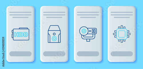 Set line Uninterruptible power supply, Web camera, Hard disk drive HDD and Processor with CPU icon. Vector