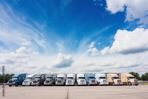 A row of semi trucks at the parking lot the transportation and logistics industry  - Ai Generated