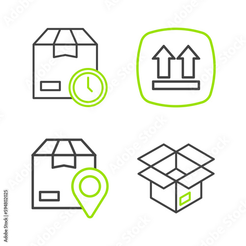 Set line Unboxing, Location with cardboard, This side up and Cardboard clock icon. Vector
