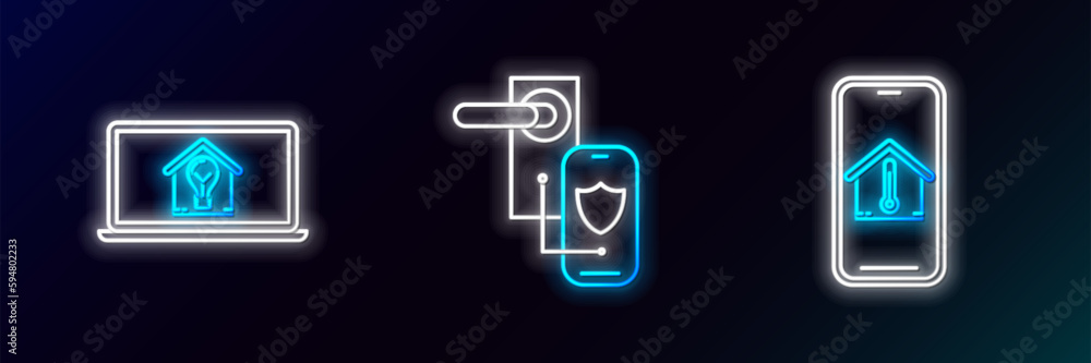 Set line Mobile phone with house temperature, Laptop smart and light bulb and Digital door lock wireless technology for lock icon. Glowing neon. Vector Set line Mobile phone with house temperature, Laptop smart and light bulb and Digital door lock wireless technology for lock icon. Glowing neon. Vector
