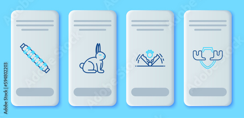 Set line Rabbit, Trap hunting, Hunting cartridge belt with cartridges and Moose horns on shield icon. Vector
