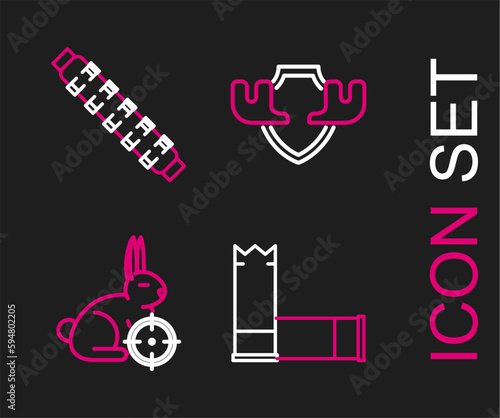 Set line Cartridges, Hunt on rabbit with crosshairs, Moose horns shield and Hunting cartridge belt cartridges icon. Vector