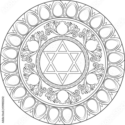 Star of David mandala coloring page. Judaism linear illustration