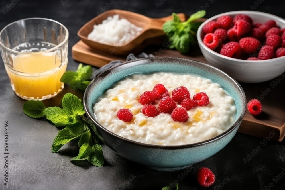 milk porridge with fresh raspberries on a dark background. Generative AI milk porridge with fresh raspberries on a dark background. Generative AI