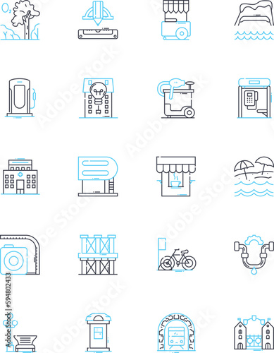 Seaside properties linear icons set. Oceanfront, Beachfront, Coastal, Seaview, Waterfront, Shoreline, Seabreeze line vector and concept signs. Seashell,Saltwater,Seaside outline illustrations