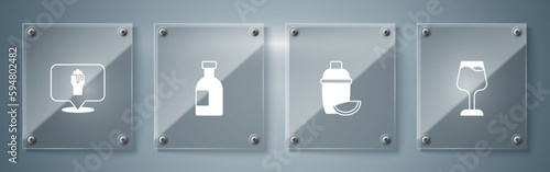 Set Wine glass, Cocktail shaker with lime, Glass bottle of vodka and Alcohol or beer bar location. Square glass panels. Vector