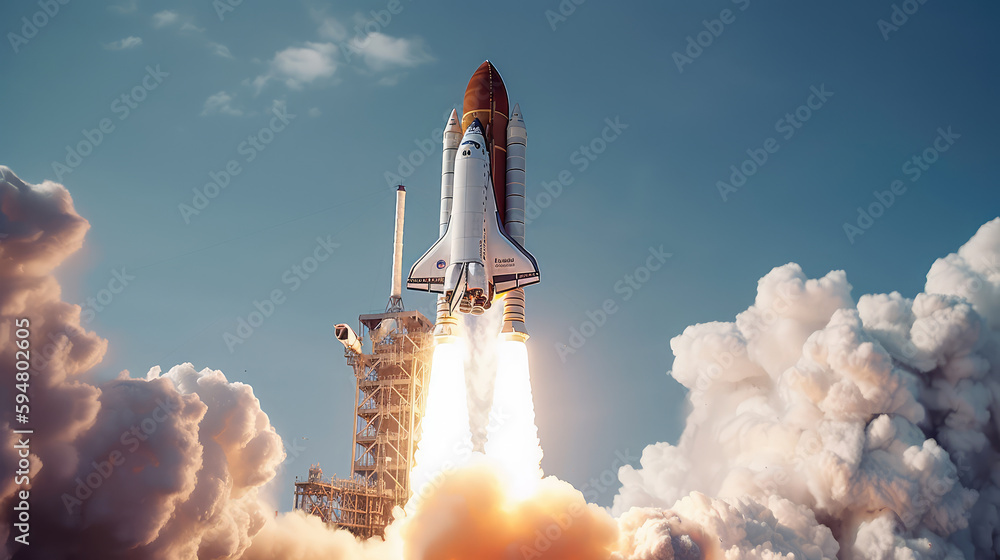 Space shuttle launch against a blue sky. Generative AI