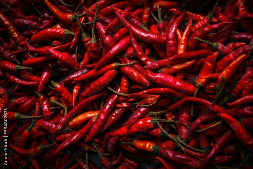 Fototapeta premium Full frame background of red hot chili peppers. Generative AI 