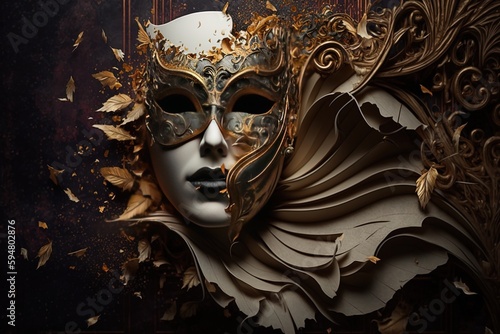 a white mask with gold leaves on it Generative AI © pngking