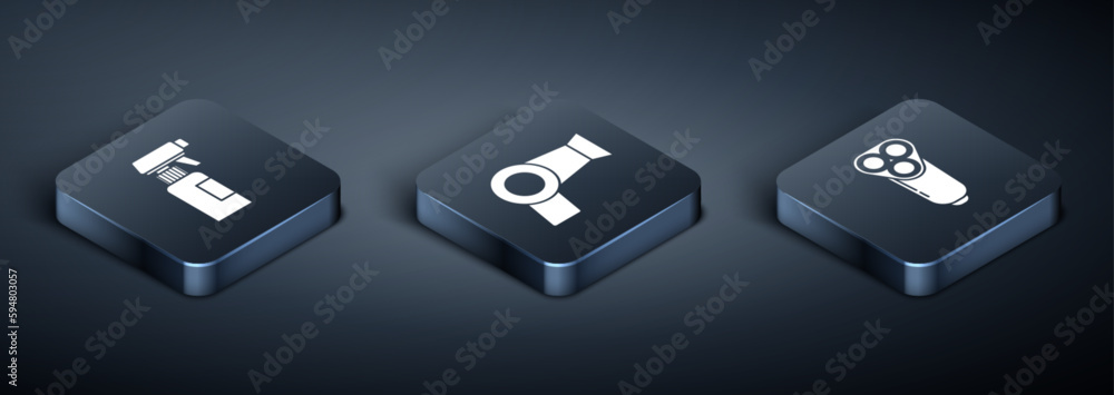 Set Isometric Hairdresser pistol spray bottle, Electric razor blade for men and Hair dryer icon. Vector Set Isometric Hairdresser pistol spray bottle, Electric razor blade for men and Hair dryer icon. Vector