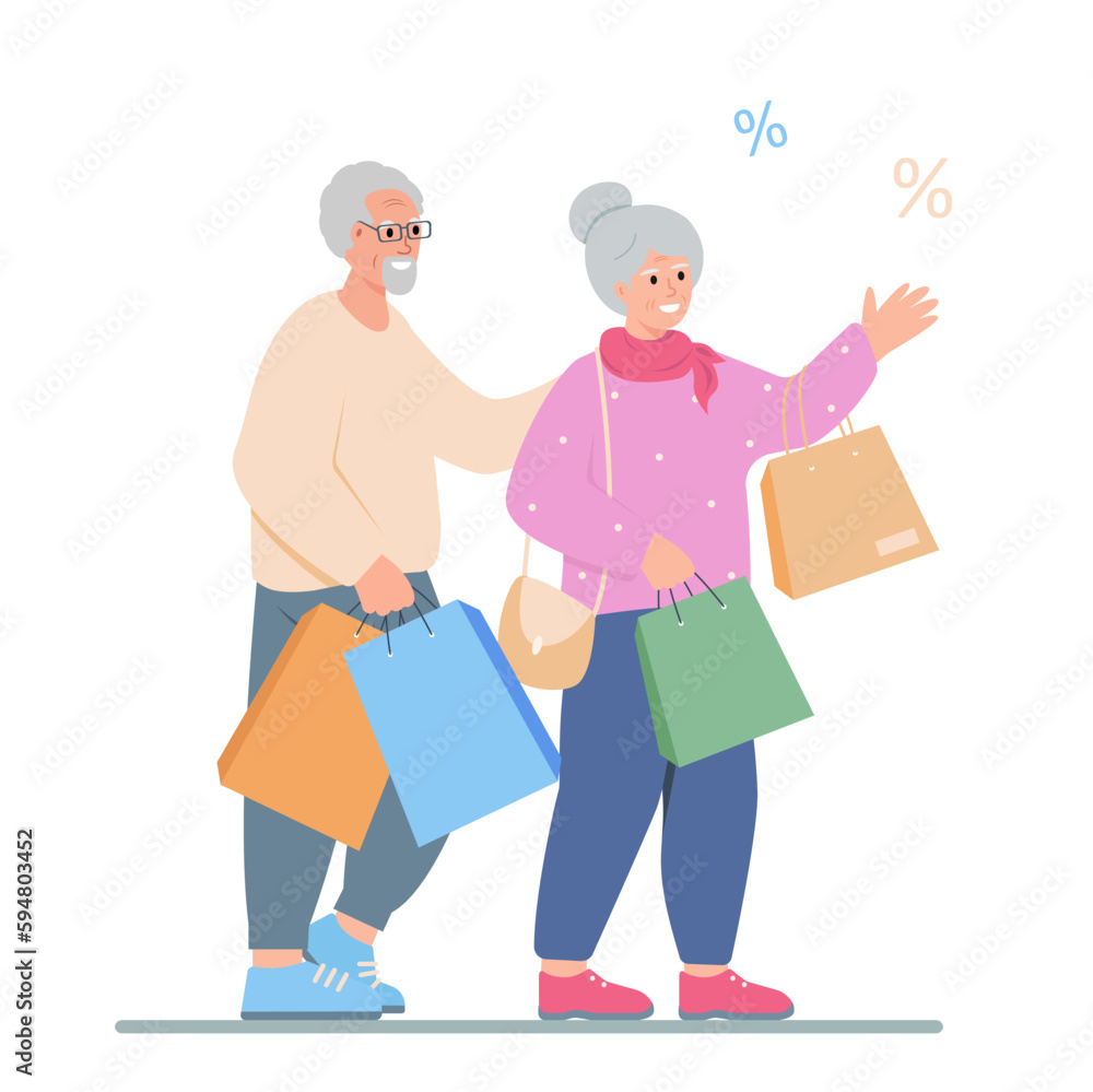 Senior man and woman with shopping bads at sale. Elderly couple go shopping together. Active lifestyle for grandparents. Vector cartoon or flat illustration. Senior man and woman with shopping bads at sale. Elderly couple go shopping together. Active lifestyle for grandparents. Vector cartoon or flat illustration.