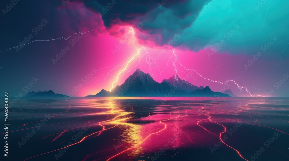 Fantasy landscape with mountains, sea and lightning. 3D illustration neon colored. AI Generated.