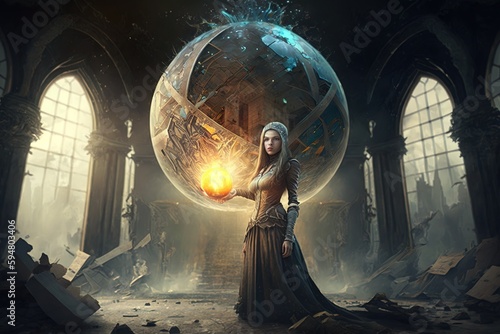 a woman holding a crystal ball in a dark room Generative AI photo