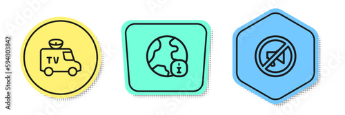 Set line TV News car, World news and Censored stamp. Colored shapes. Vector