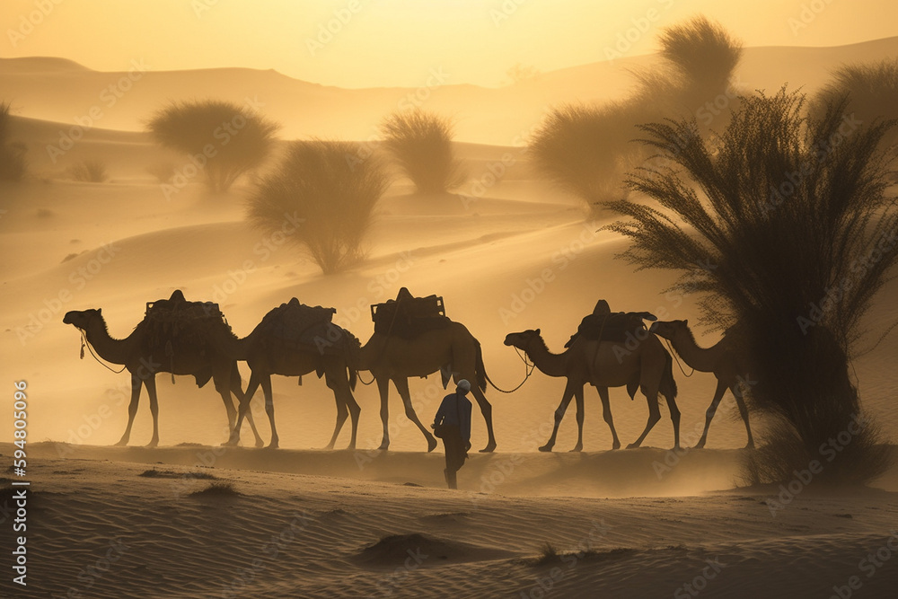 Arab man or bedouin or silhouette in the desert with camels at sunset. Camel and desert man landscape with dunes in the hot sun. Ai generated Arab man or bedouin or silhouette in the desert with camels at sunset. Camel and desert man landscape with dunes in the hot sun. Ai generated