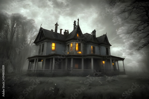 Abandoned haunted house. Halloween spooky background. 