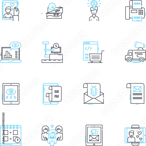 Presentation show linear icons set. Slides, Projection, Display, Pacing, Outline, Delivery, Transitions line vector and concept signs. Podium,Visuals,Stage outline illustrations