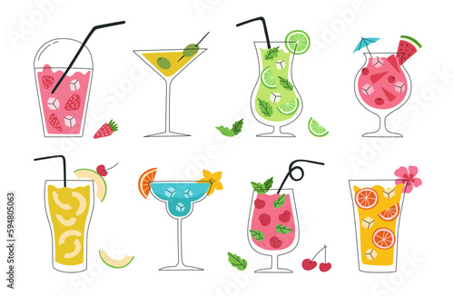 Set of hand drawn colorful cocktails. Summer holiday and beach party concept.  Popular drinks in different types of glasses. Vector illustration of summer cocktails.