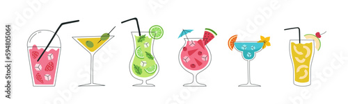 Set of hand drawn colorful cocktails. Summer holiday and beach party concept.  Popular drinks in different types of glasses. Vector illustration of summer cocktails.