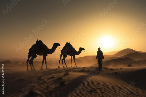 Arab man or bedouin or silhouette in the desert with camels at sunset. Camel and desert man landscape with dunes in the hot sun. Ai generated