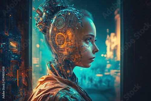 a woman in a futuristic suit looking out of a window Generative AI