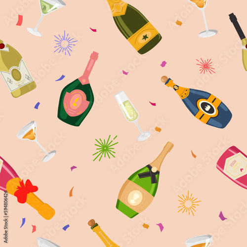 Bottles of champagne seamless pattern. Repeating design element for wrapping paper. Alcoholic drinks, glasses and fireworks. Prosecco, rose, brut and wine. Cartoon flat vector illustration