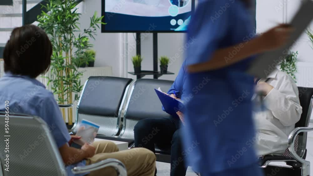 Medic sitting on chair in hospital reception, explaining illness diagnosis to elderly patient discussing health care treatment. Sick man having checkup visit examination, reciving medicine support Medic sitting on chair in hospital reception, explaining illness diagnosis to elderly patient discussing health care treatment. Sick man having checkup visit examination, reciving medicine support