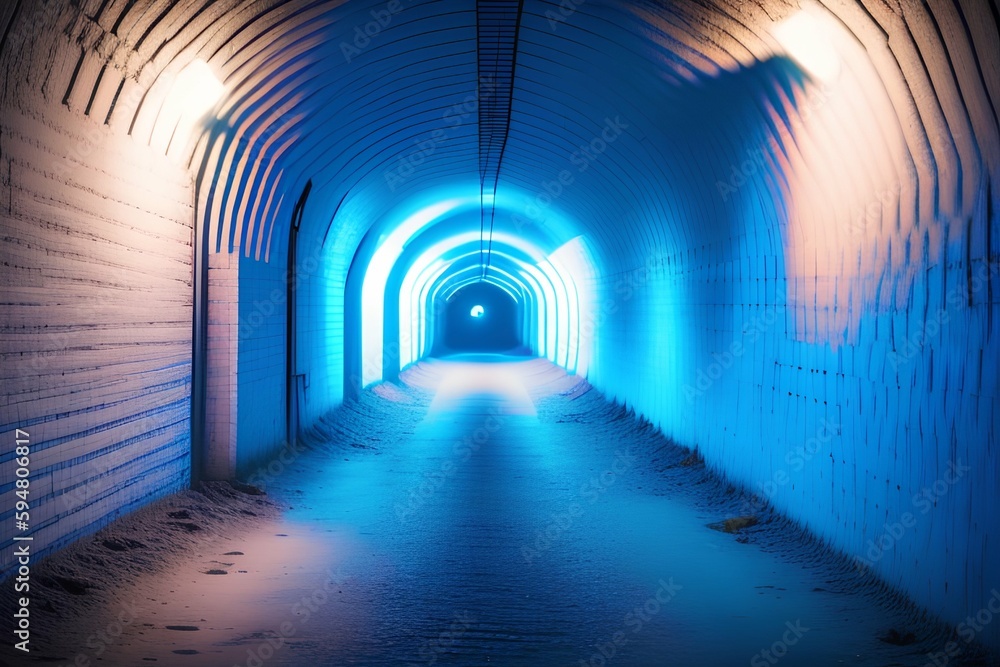 empty tunnel, underground, blue tone image with neon lights - generative ai