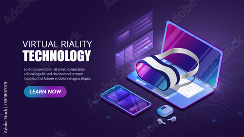 Virtual reality technology banner. VR glasses at laptop. Innovation for games and entertainment. Gadgets and devices. Landing page design. Cartoon isometric vector illustration