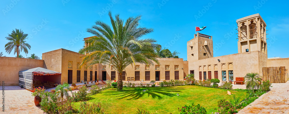 Panorama of court and garden of History Museum, Al Shindagha neighborhood, Dubai, UAE