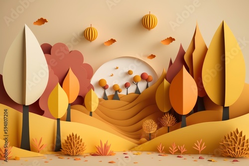 Autumn banner background in paper craft style created with Generative AI