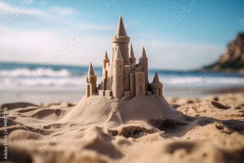 Sand castle on the beach at the sea, summer travel vacation concept. Generative AI