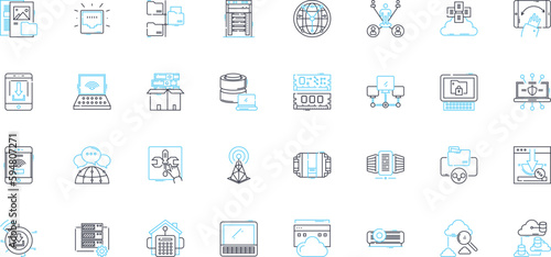 Cloud devices linear icons set. Storage, Computing, Mobility, Efficiency, Connectivity, Flexibility, Accessibility line vector and concept signs. Scalability,Virtualization,Security outline