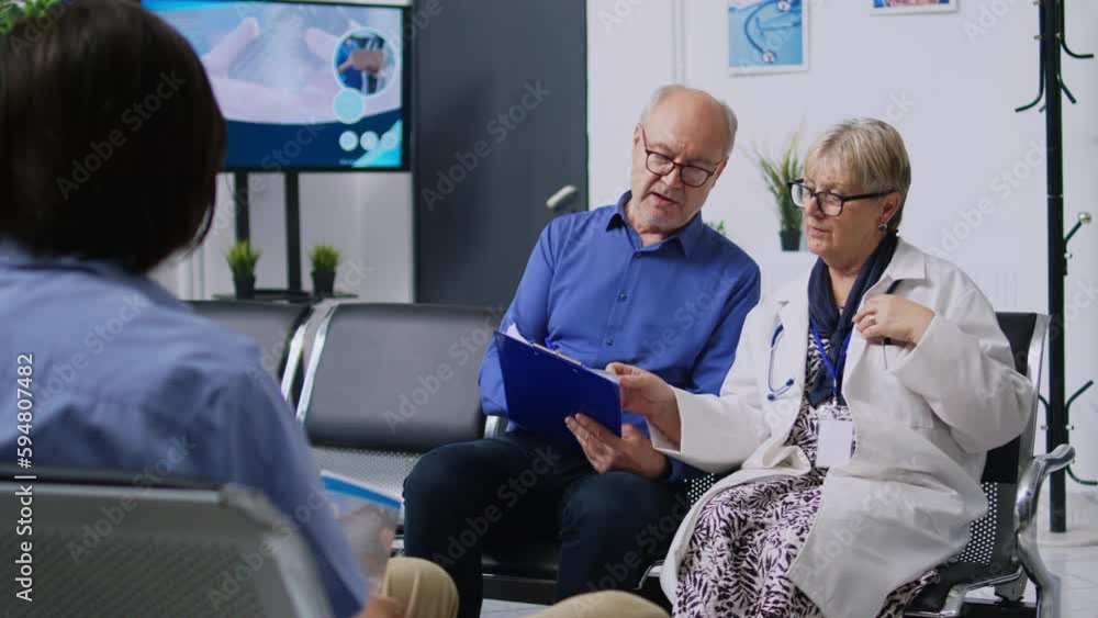 Medic helping patient with medical form in hospital waiting room, discussing health care treatment. Senior man filling insurance documents during checkup visit consultation. Medicine service Medic helping patient with medical form in hospital waiting room, discussing health care treatment. Senior man filling insurance documents during checkup visit consultation. Medicine service