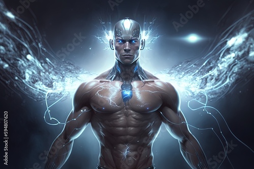 a man with an angel like body and wings on his chest Generative AI