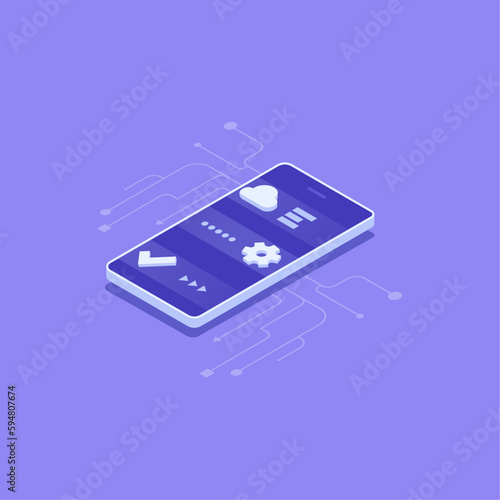 Isometric mobile phone vector illustration. Mobile application technology.