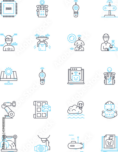 Remote-controlled planes linear icons set. Miniatures, Aerodynamics, Propellers, Flight, Thrust, Aviation, Piloting line vector and concept signs. Foam,Electric,Gasoline outline illustrations
