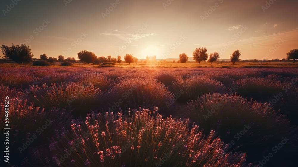 Lavender field at sunset. AI generated