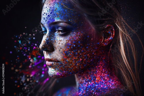 a woman's face covered in colorful powder Generative AI