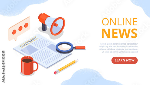 Online news concept. Magnifying glass and mug of coffee or tea near newspaper and loudspeaker. Mass media, information and knowledge. Landing page design. Cartoon isometric vector illustration