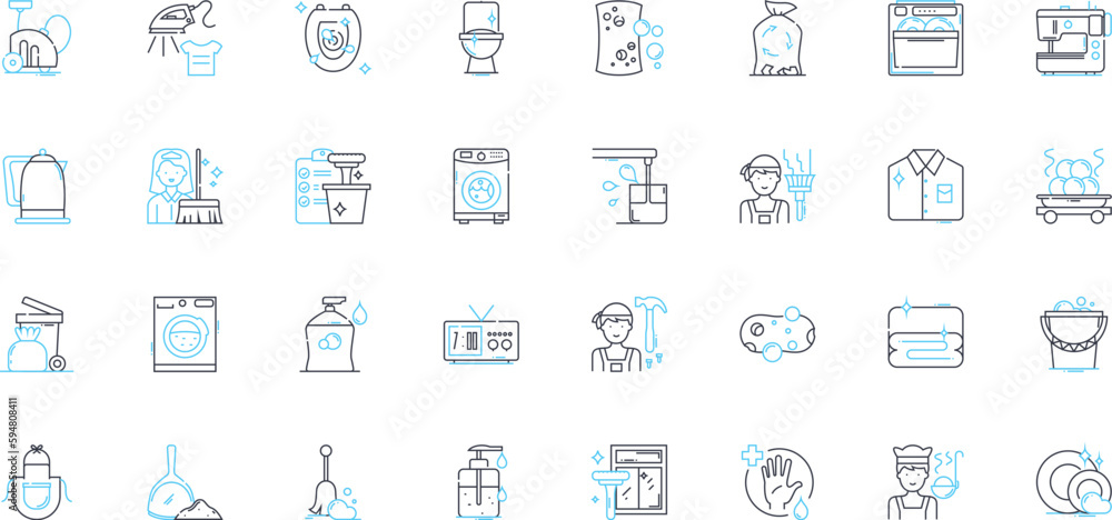 House cleaning linear icons set. Sweep, Scrub, Dust, Polish, Vacuum, Mop, Tidy line vector and concept signs. Organize,Wipe,Disinfect outline illustrations House cleaning linear icons set. Sweep, Scrub, Dust, Polish, Vacuum, Mop, Tidy line vector and concept signs. Organize,Wipe,Disinfect outline illustrations