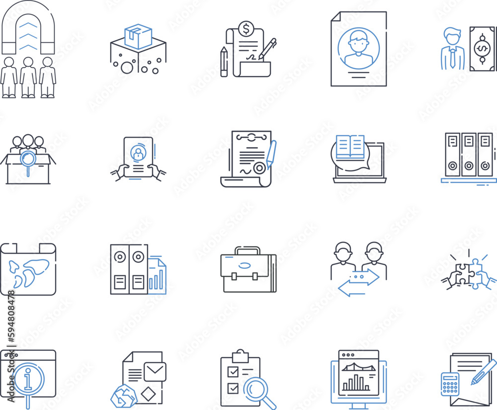Business paperwork line icons collection. Documentation, Forms, Contracts, Agreements, Invoices, Receipts, Reports vector and linear illustration. Proposals,Licenses,Permits outline signs set