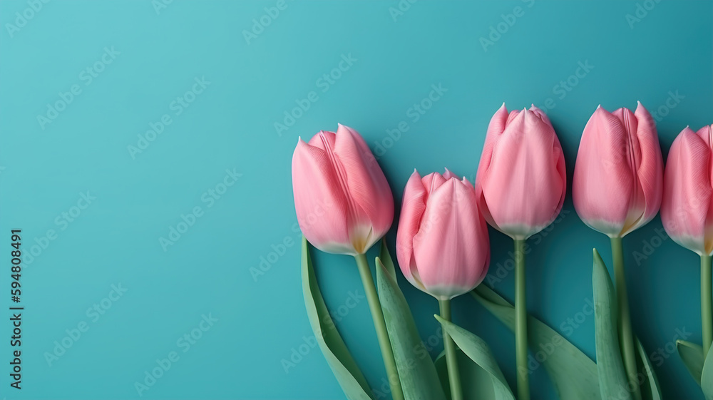 Spring Tulip Flowers Top View Composition with Copy Space for Mother's Day Celebration Idea on Pastel Blue Background