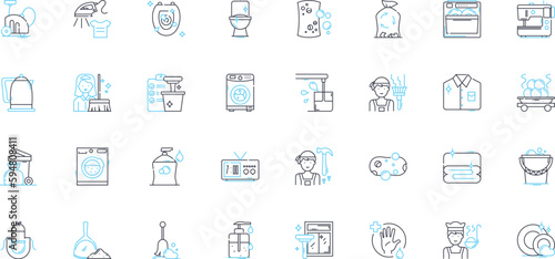 House cleaning linear icons set. Sweep, Scrub, Dust, Polish, Vacuum, Mop, Tidy line vector and concept signs. Organize,Wipe,Disinfect outline illustrations