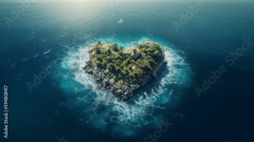 Love heart shape island in middle of blue sea. AI generated