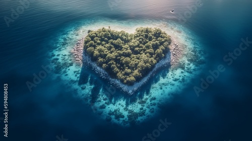 Love heart shape island in middle of blue sea. AI generated