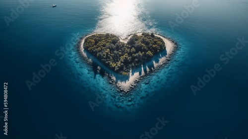 Love heart shape island in middle of blue sea. AI generated © ArtStage