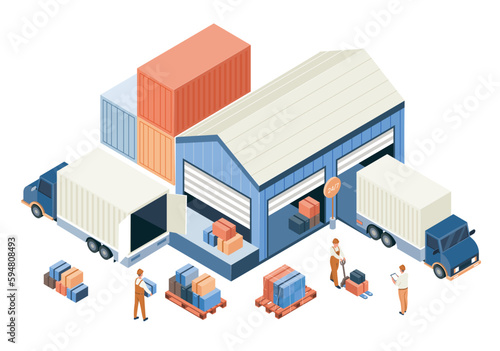 Set of logistic. Workers in warehouse with boxes near transport. Import and export of goods. Online shopping and home delivery. Cartoon isometric vector illustrations isolated on white background